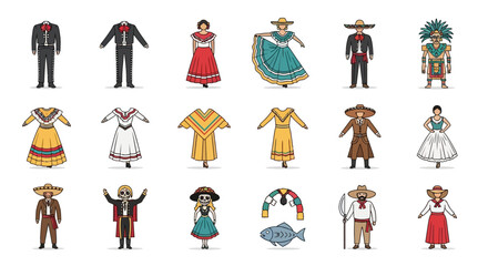 Vector Icons Set of Colorful Vector Illustrations of Traditional Mexican National Costumes for Men and Women. EPS Editable