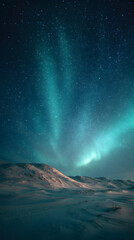Naklejka premium Mesmerizing aurora borealis illuminating the night sky, vibrant green and blue lights dancing above snowy mountains, tranquil atmosphere.