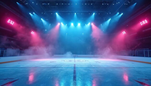 Professional ice rink stage illuminated with blue and pink neon lights and spotlights. Smoke fills the arena creating dramatic atmosphere for winter hockey competitions or ice skating events.