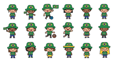 Fototapeta premium Vector Icons Set of Cute Brazilian soccer supporter characters collection in green uniforms. EPS Editable