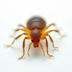 Extreme close-up of dust mite, segmented body, tiny legs, intricate features. Macro view of microscopic arthropod isolated on clean white background perfect for illustrating biology, entomology,