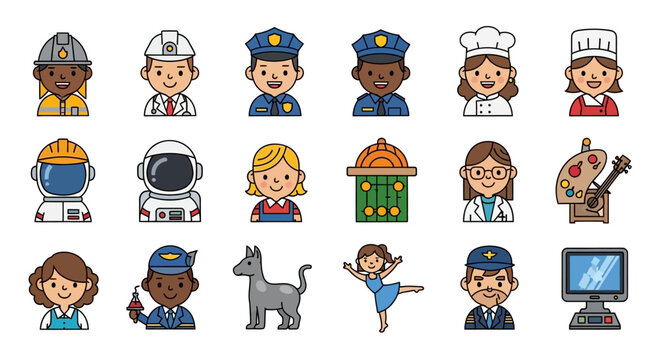 Vector Icons Set of Diverse collection of cute cartoon character icons representing various professions. EPS Editable
