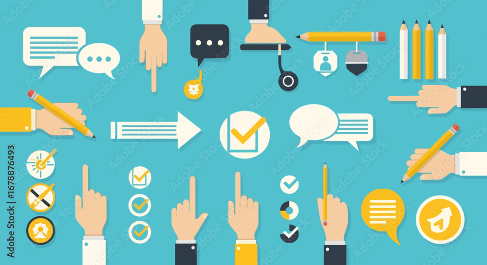 Poster vector icons set of flat design vector illustration set of hands and business icons for web and mobi