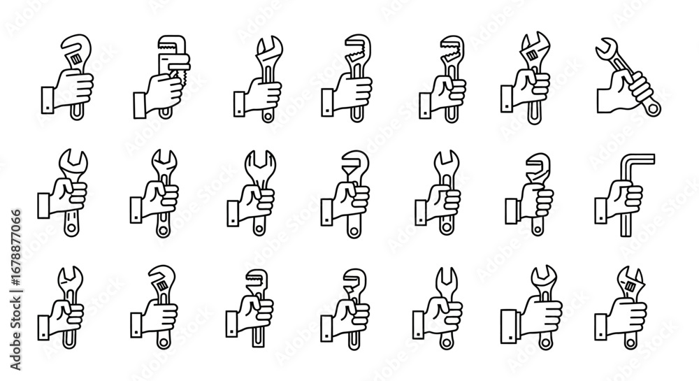 Poster vector icons set of hand holding wrench and spanner line icon set collection. eps editable