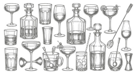 Vector Icons Set of Hand drawn sketch set of barware glasses decanters and cocktail tools. EPS Editable