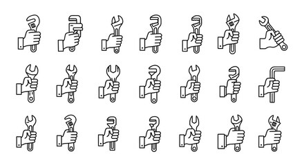 Vector Icons Set of Hand Holding Wrench and Spanner Line Icon Set Collection. EPS Editable