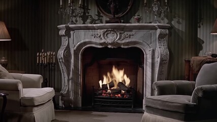 Elegant and classic living room interior featuring a warm, roaring fire in a beautiful marble fireplace, creating a cozy and inviting atmosphere