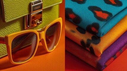 Bold Outfits and Accessories in Vibrant Colors Featuring Handbags and Sunglasses on Flat Lay Background