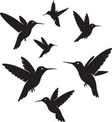 Collection of black silhouette hummingbirds in flight