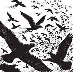 Dramatic black silhouette of a large flock of birds in flight
