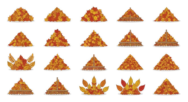Vector Icons Set of Set of colorful autumn leaf piles in flat cartoon style collection of fallen leaves heaps isolated on white background. EPS Editable