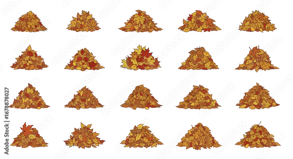 Poster vector icons set of set of twenty colorful autumn leaf piles vector illustration. eps editable