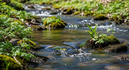 Clear Creek with Lush Green Plants and Rocks.