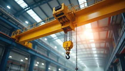Yellow overhead crane assembly suspended from factory ceiling. Industrial machinery designed for heavy lifting operations in workshops, manufacturing. Enhances efficiency, safety in production,