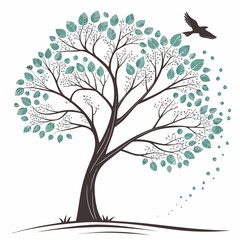 Vector art of a beautiful tree with teal leaves and a bird flying away, symbolizing nature, growth, and the changing seasons
