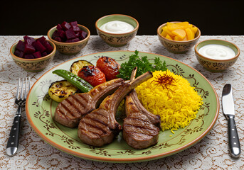 Grilled lamb ribs with rice and vegetables