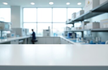 Modern clean white laboratory counter top. Blurred background shows equipment, shelves and scientist working near large window. Sterile, bright, minimalist space for research, testing, technology.