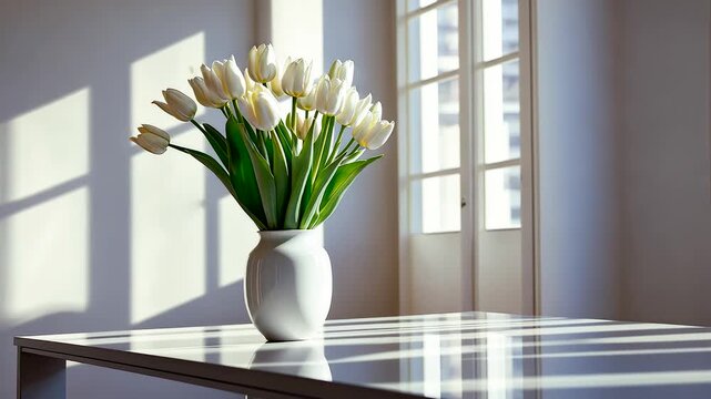 White tulips arranged in vase placed on reflective table near window with sunlight casting shadows across the room