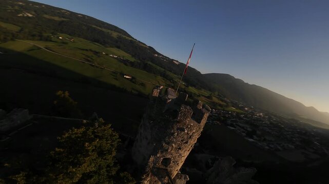 Swiss flag on castle ruin, Neu Falkenstein Castle, Balsthal, Solothurn, Switzerland, national heritage site