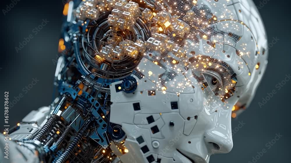 Poster a close-up view showcasing a futuristic robotic head with intricate neurochips and digital elements.