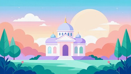 Obraz premium Elegant white building stands amidst a lush green landscape under a pastel sky with fluffy clouds, creating a serene and peaceful atmosphere.