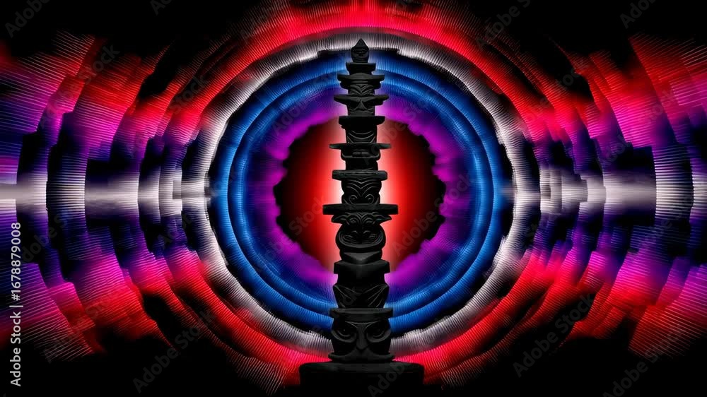 Poster ancient stone monument surrounded by vibrant swirling patterns of red, blue and white light in an ot