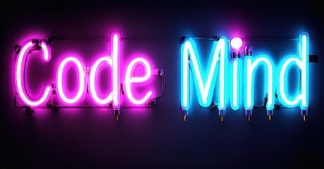 Bright neon sign displays Code Mind. Vivid purple, blue hues illuminate dark background. Modern aesthetic, captivating visual impact.
