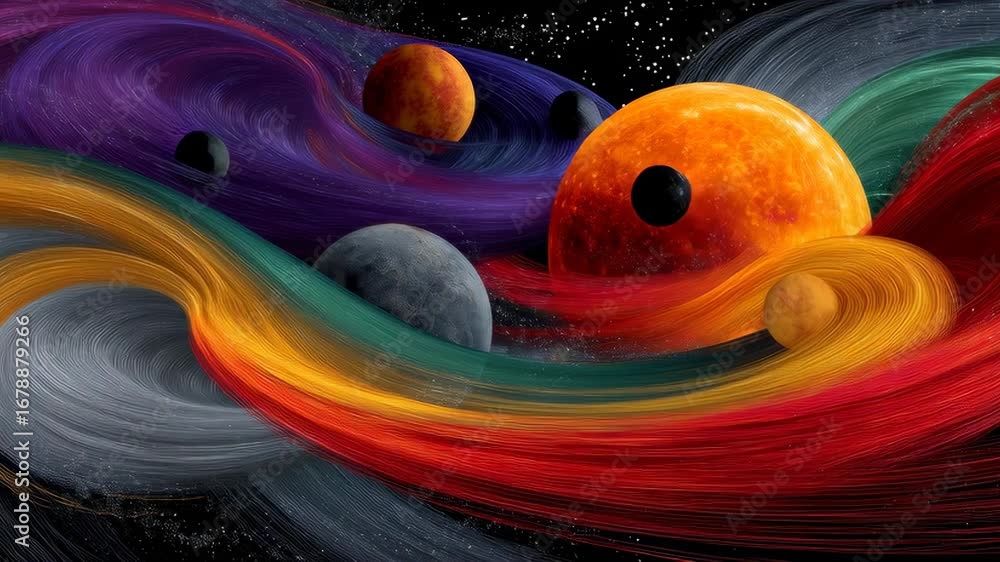Aufkleber colorful abstract cosmic landscape featuring swirling planets and vibrant nebulous forms in deep spa