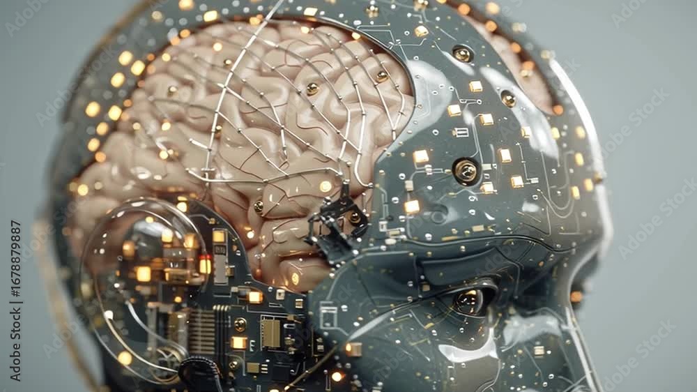 Poster a close-up view of a futuristic head design showcasing a blend of brain structure and intricate circ