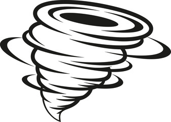 Black and white tornado illustration, cyclone spiral drawing, whirlwind vortex vector, storm swirl graphic, hurricane twist icon, wind funnel, natural disaster symbol, weather phenomenon art