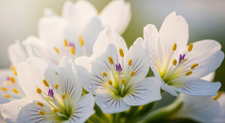 White Flowers with Purple Stamens Close-up in Soft Sunlight