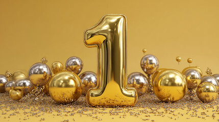 Happy 1th Birthday golden Greeting Background. Festive Celebration Number Decoration. Only the number 1, without inscriptions.