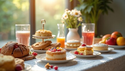 Naklejka premium Festive table laden with diverse cakes, cookies, fresh fruits, accompanied by refreshing drinks. Spread features delectable pastries, vibrant fruit bowl, celebratory beverages, perfect for party