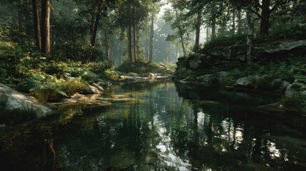 Serene Forest Stream Reflecting Verdant Trees