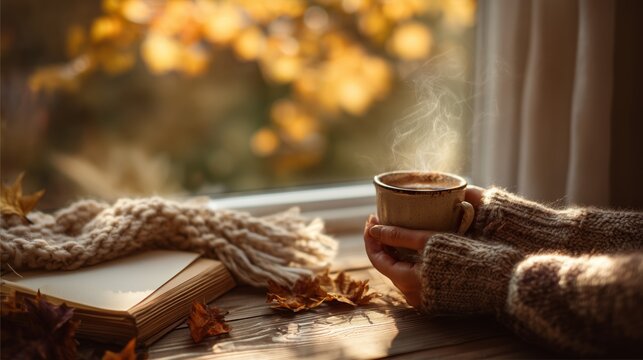 Cozy autumn morning scene, woman's hands holding steaming mug of coffee and reading on wooden table, open book, window view of golden leaves in background, warm, soft light, serene atmosphere - Powered by Adobe