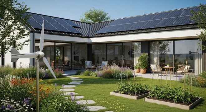 Modern eco friendly house with solar panels and wind turbine in a lush garden.