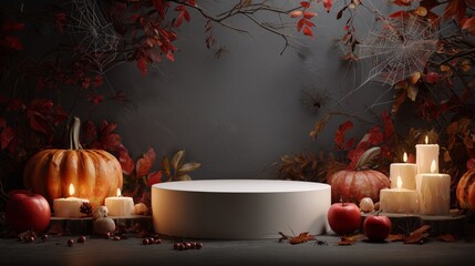 Darken Autumn podium mockup with blank space for text, spooky halloween atmosphere with spiders web, old leaves, red apple, pumpkins and mystical candles on dark black background for product placement