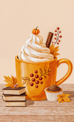 Watercolor Autumn Scene with Pumpkin Spice Drink and Books
