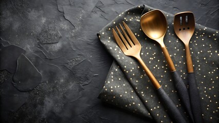 Elegant gold cutlery set on a dark textured background with patterned napkin