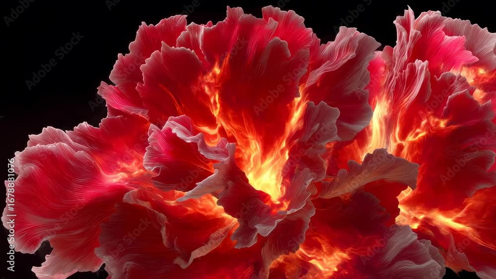 Poster luminous red flowers with intricate petals glowing against a dark background.seamless animation loop