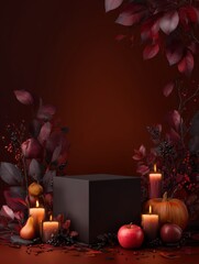 Vertical autumn cube podium mockup, blank space in center, luxury celebration halloween atmosphere, dark background with old leaves, branches and pumpkins decorations, spiders web and mystical candles