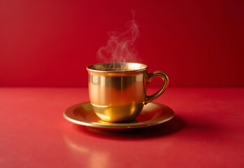 Gold cup of coffee on а red background