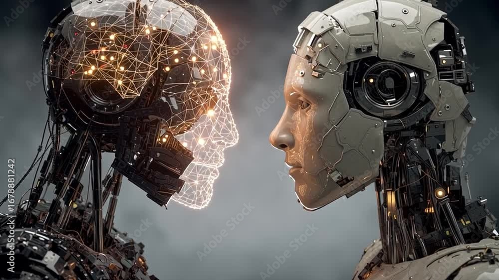Poster two humanoid robots engage in a moment of connection, highlighting the blend of neurotechnology and 