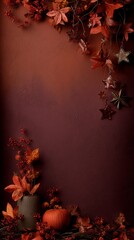 Vertical frame mockup with empty space, dark autumn concept for halloween banner, luxury style decorations, elegant flat lay of old leaves and branches, pumpkins and berries, dark noble red background