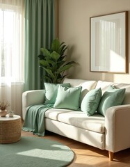 Modern living room features white sofa complemented by mint green cushions, curtains, rug. Beige walls create serene backdrop. Natural light streams through window, illuminating large potted plant,