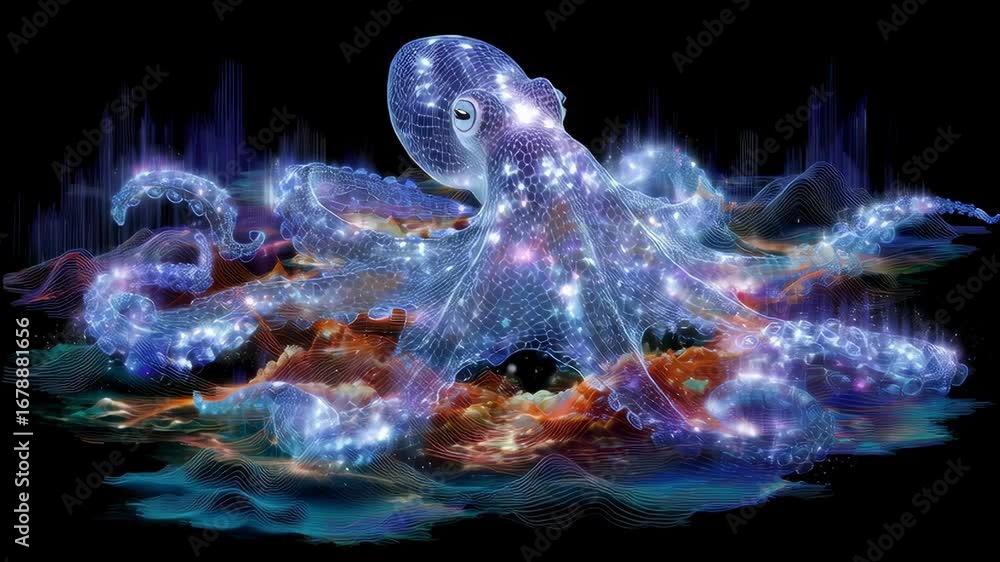 Aufkleber mesmerizing neon octopus with sparkling lights in an ethereal underwater scene.seamless animation lo