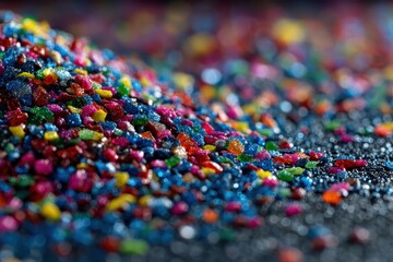 Fototapeta premium Close-up of colorful shiny sugar crystals on a dark speckled surface. Ideal for backgrounds, candy concepts, and abstract designs projects.