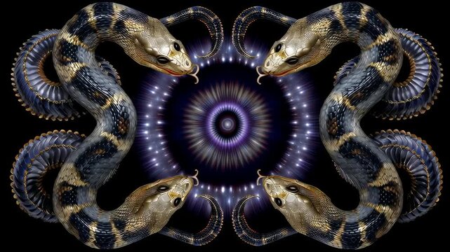Mesmerizing Seamless Animation Loop Of Intricately Patterned Serpents Intertwined In A Mystical Cosmic Design