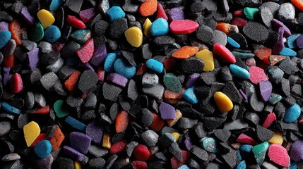 Pile of black plastic regrind mixed with colorful recycled bits. It showcases recycling and eco-friendly ideas, or arts, crafts.