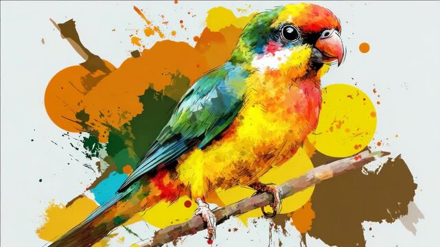 Vividly colored parrot with a striking appearance, set against an artistic backdrop of splashes.